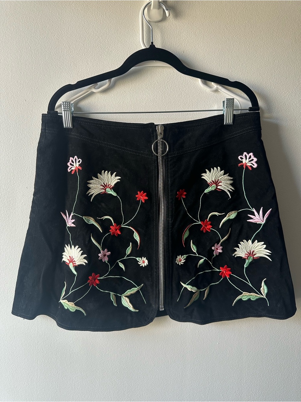 Black Suede Embroidered Floral Front-Zip Mini Skirt